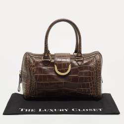 Pre Owned Aigner Brown Croc Embossed Leather Metal Bar Flap Tote