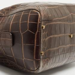 Pre Owned Aigner Brown Croc Embossed Leather Metal Bar Flap Tote