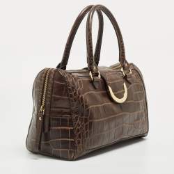 Pre Owned Aigner Brown Croc Embossed Leather Metal Bar Flap Tote