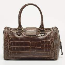 Pre Owned Aigner Brown Croc Embossed Leather Metal Bar Flap Tote