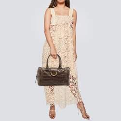 Pre Owned Aigner Brown Croc Embossed Leather Metal Bar Flap Tote