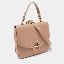 Aigner Nude Leather Logo Flap Top Handle Bag