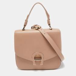 Aigner Nude Leather Logo Flap Top Handle Bag