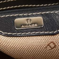 Pre Owned Aigner Black Signature Canvas and Leather Zip Hobo