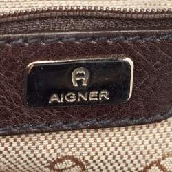 Aigner Dark Brown Monogram Canvas and Leather Buckle Flap Hobo