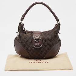 Aigner Dark Brown Monogram Canvas and Leather Buckle Flap Hobo