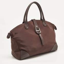Pre Owned Aigner Dark Brown Nylon and Leather Logo Flap Satchel