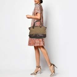Aigner Dark Brown/Beige Signature Canvas and Croc Embossed Leather Buckle Logo Satchel