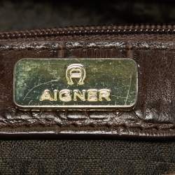 Aigner Dark Brown/Beige Signature Canvas and Croc Embossed Leather Buckle Logo Satchel