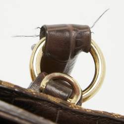 Aigner Dark Brown/Beige Signature Canvas and Croc Embossed Leather Buckle Logo Satchel