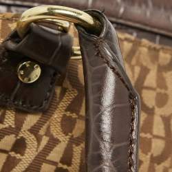 Aigner Dark Brown/Beige Signature Canvas and Croc Embossed Leather Buckle Logo Satchel