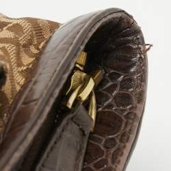 Aigner Dark Brown/Beige Signature Canvas and Croc Embossed Leather Buckle Logo Satchel