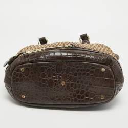 Aigner Dark Brown/Beige Signature Canvas and Croc Embossed Leather Buckle Logo Satchel
