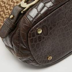 Aigner Dark Brown/Beige Signature Canvas and Croc Embossed Leather Buckle Logo Satchel