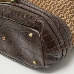 Aigner Dark Brown/Beige Signature Canvas and Croc Embossed Leather Buckle Logo Satchel