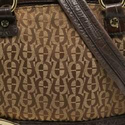 Aigner Dark Brown/Beige Signature Canvas and Croc Embossed Leather Buckle Logo Satchel