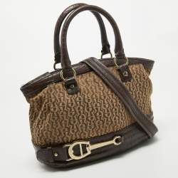Aigner Dark Brown/Beige Signature Canvas and Croc Embossed Leather Buckle Logo Satchel