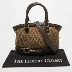 Aigner Dark Brown/Beige Signature Canvas and Croc Embossed Leather Buckle Logo Satchel