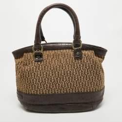 Aigner Dark Brown/Beige Signature Canvas and Croc Embossed Leather Buckle Logo Satchel