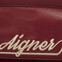 Pre Owned Aigner Dark Red Leather Embroidered Logo Shoulder Bag