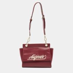 Pre Owned Aigner Dark Red Leather Embroidered Logo Shoulder Bag