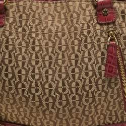 Aigner Brown/Pinnk Signature Canvas and Croc Embossed Leather Buckle Logo Satchel