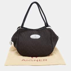 Aigner Black/Brown Signature Canvas Logo Hobo