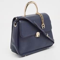 Aigner Navy Blue Leather Genoveva M Top Handle Bag 
