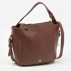 Pre Owned Aigner Brown Leather Zip Crossbody Bag