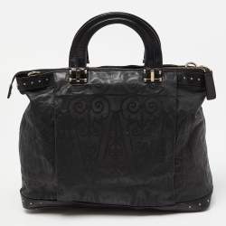 Pre Owned Aigner Black Printed Leather Studded Top Zip Tote