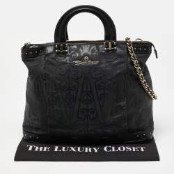 Pre Owned Aigner Black Printed Leather Studded Top Zip Tote