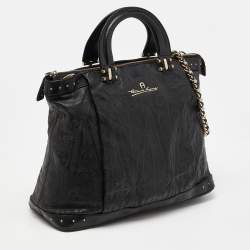 Pre Owned Aigner Black Printed Leather Studded Top Zip Tote
