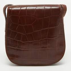 Pre Owned Aigner Dark Brown Croc Embossed Leather Logo Flap Crossbody Bag
