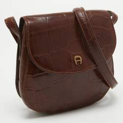 Pre Owned Aigner Dark Brown Croc Embossed Leather Logo Flap Crossbody Bag