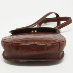 Pre Owned Aigner Dark Brown Croc Embossed Leather Logo Flap Crossbody Bag