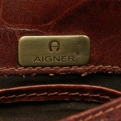 Pre Owned Aigner Dark Brown Croc Embossed Leather Logo Flap Crossbody Bag