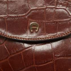 Pre Owned Aigner Dark Brown Croc Embossed Leather Logo Flap Crossbody Bag