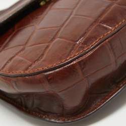 Pre Owned Aigner Dark Brown Croc Embossed Leather Logo Flap Crossbody Bag