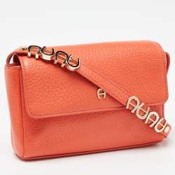 Pre Owned Aigner Orange Leather Flap Crossbody Bag