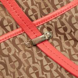 Aigner Coral/Brown Monogram Canvas and Leather Bucket Bag