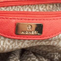 Aigner Coral/Brown Monogram Canvas and Leather Bucket Bag