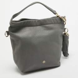 Aigner Grey Leather Tassel Charm Hobo