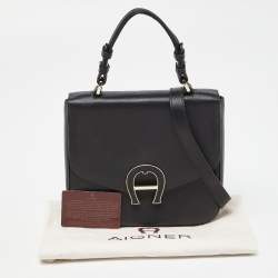 Aigner Black Leather Logo Flap Top Handle Bag