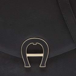 Aigner Black Leather Logo Flap Top Handle Bag