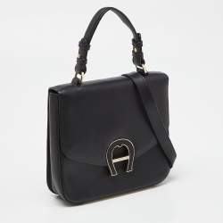 Aigner Black Leather Logo Flap Top Handle Bag