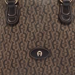 Aigner Dark Brown Monogram Coated Canvas and Leather Zip Satchel