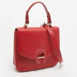 Aigner Red Leather Logo Flap Top Handle Bag