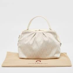 Aigner White/Cream Monogram Canvas and Patent Leather Logo Satchel