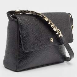 Aigner Black Pebbled Leather Flap Shoulder Bag