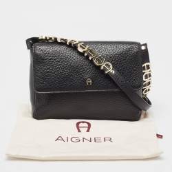 Aigner Black Pebbled Leather Flap Shoulder Bag